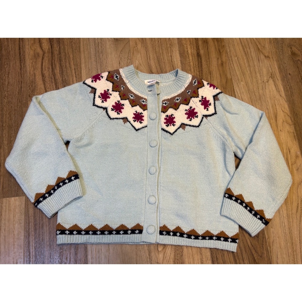 Bailey 44 Womens XL Fair Isle Cardigan Sweater Light Blue Button Front Knit